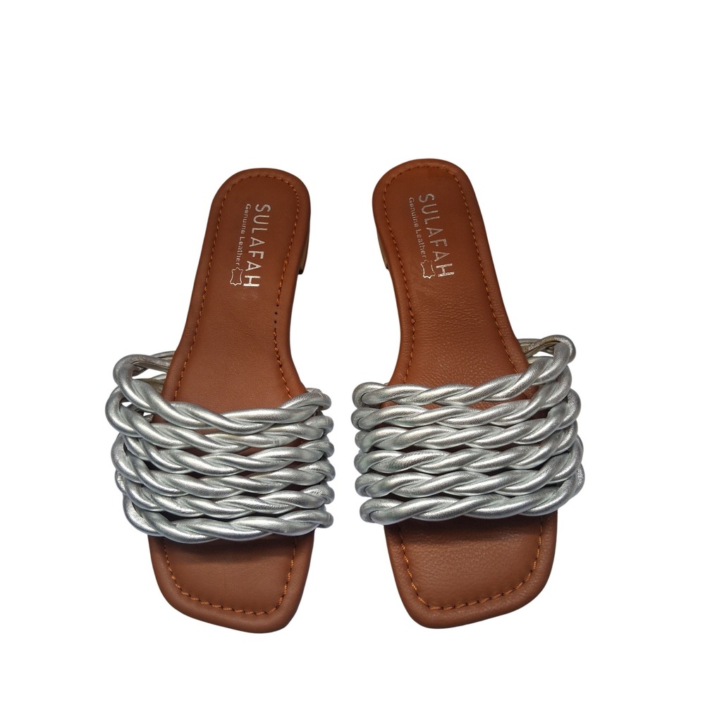 Sulafah Womens Metallic Silver Braided Leather Slide Sandals Square Toe Flats